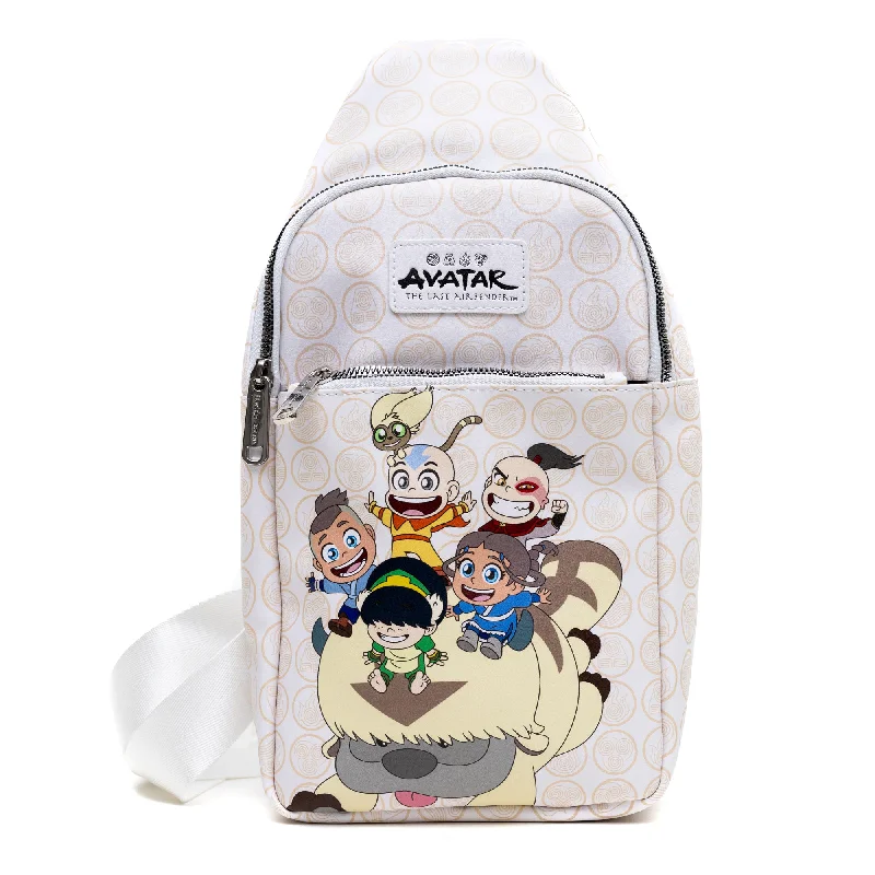 Ends Soon Crossbody Sling Bag - Large - Avatar Last Airbender Chibi Character Group Pose on Appa White Ends Soon Crossbody Sling Bag - Large - Avatar Last Airbender Chibi Character Group Pose on Appa White