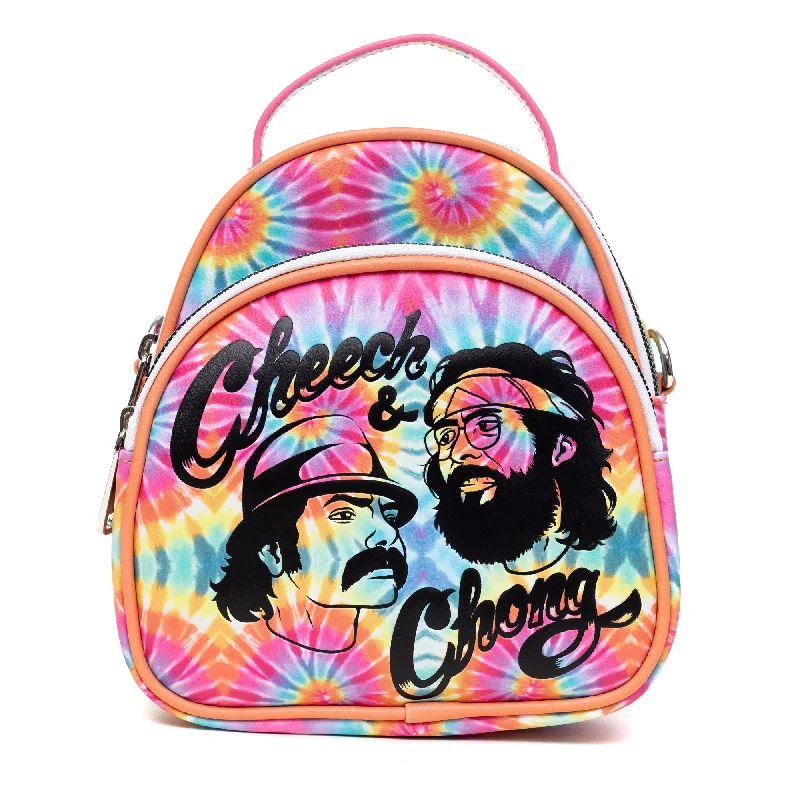 Stylish Yet Affordable Bags Rounded Crossbody Bag with Two-Pockets and Handle - Cheech and Chong Faces Debossed Multi Color Tie Dye