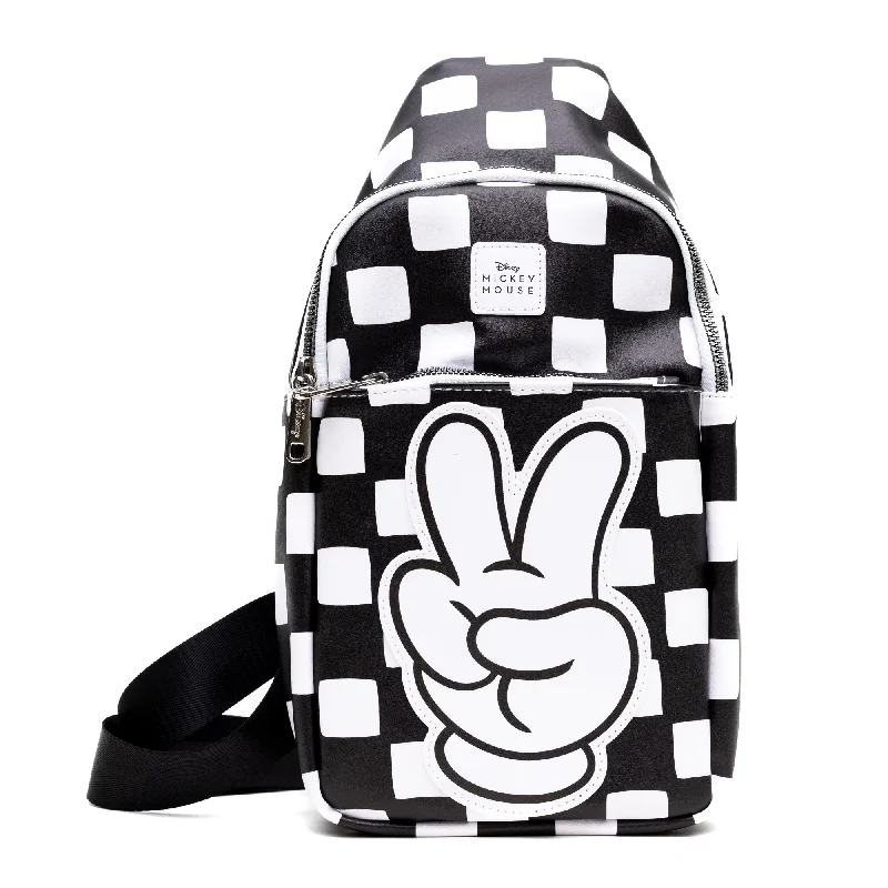 Playful Fashion Offers Crossbody Sling Bag - Large - Disney Mickey Mouse Peace Fingers Checker Black/White Playful Fashion Offers Crossbody Sling Bag - Large - Disney Mickey Mouse Peace Fingers Checker Black/White
