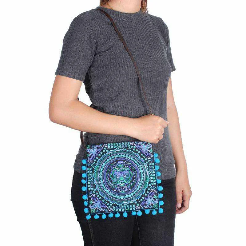 Trendy Festival Bags With Limited-Time Offers Embroidery Sling Crossbody Bag With Pompoms - Thailand