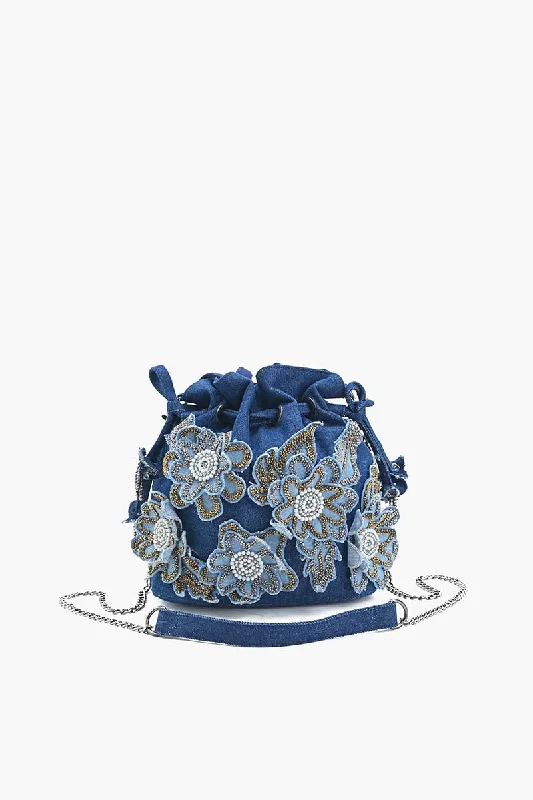 Seasonal Picks Stylish Blue Floral Embellished Drawstring Bag