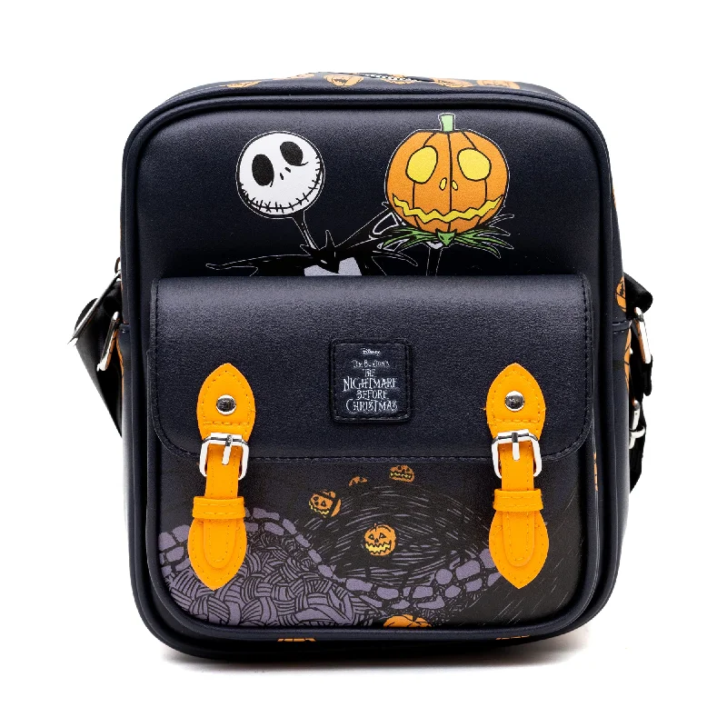 Limited Time Crossbody Bag with Two-Pockets and Slip Pocket - The Nightmare Before Christmas Jack-O-Lantern and Moon Poses Black