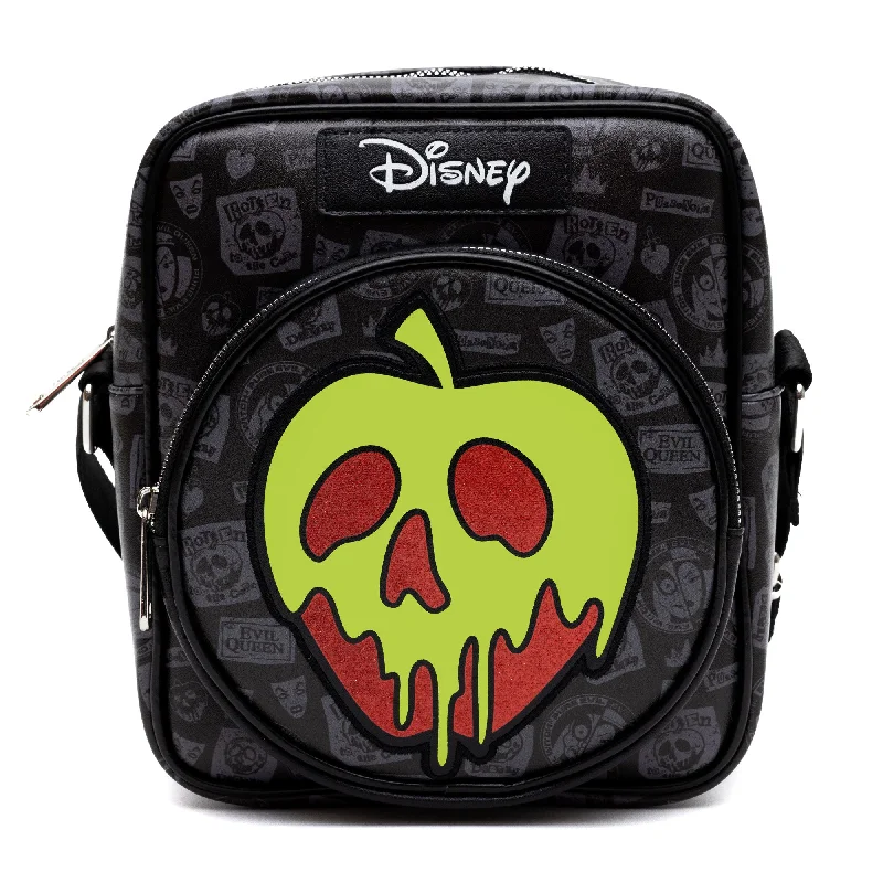 Vintage-Inspired Style Offers Crossbody Bag with Two-Pockets and Slip Pocket - Snow White Evil Queen Glow in the Dark Poison Apple and Icons Collage Black/Gray