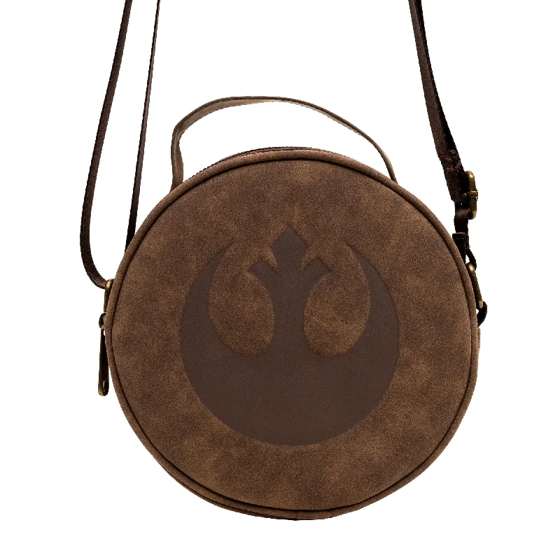 Style Upgrade Round Crossbody Bag - Star Wars Rebel Alliance Insignia Emblem Debossed Brown