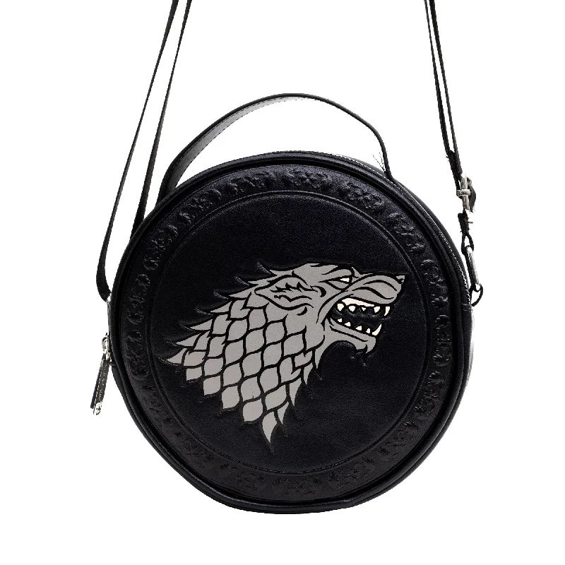 Bag Deals Round Crossbody Bag - Game of Thrones House of Stark Sigil Debossed with Filigree Edge Embossed Black Bag Deals Round Crossbody Bag - Game of Thrones House of Stark Sigil Debossed with Filigree Edge Embossed Black