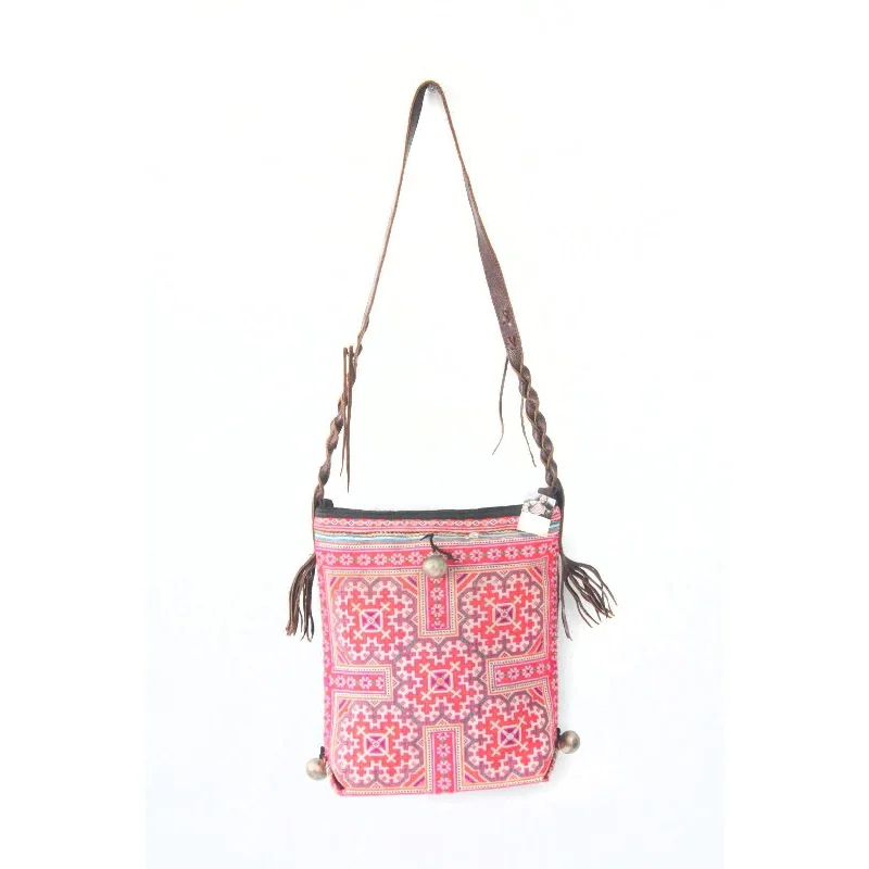 Daring Fashion Promotions Eliza Hmong Embroidered Vintage Tote with Leather Strap Pink - Thailand Daring Fashion Promotions Eliza Hmong Embroidered Vintage Tote with Leather Strap Pink - Thailand