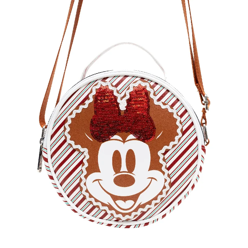 Senior Travelers Round Crossbody Bag - Minnie Mouse Holiday Gingerbread Smile with Sequin Bow Stripe White/Red/Green Senior Travelers Round Crossbody Bag - Minnie Mouse Holiday Gingerbread Smile with Sequin Bow Stripe White/Red/Green