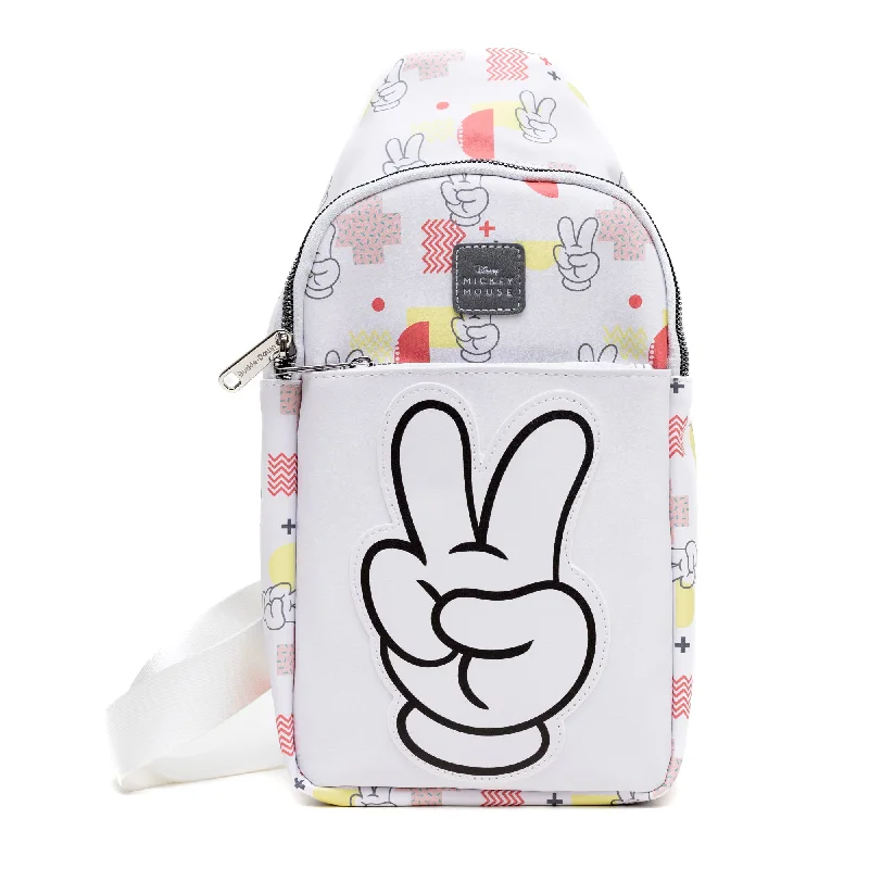 Sleek Style Discounts Crossbody Sling Bag - Large - Disney Mickey Mouse Peace Fingers and Icons Collage White Sleek Style Discounts Crossbody Sling Bag - Large - Disney Mickey Mouse Peace Fingers and Icons Collage White