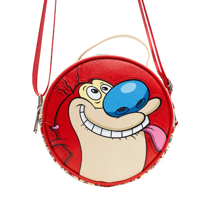 Premium Fashion Round Crossbody Bag - Ren and Stimpy Character Close-Up Expression Appliques