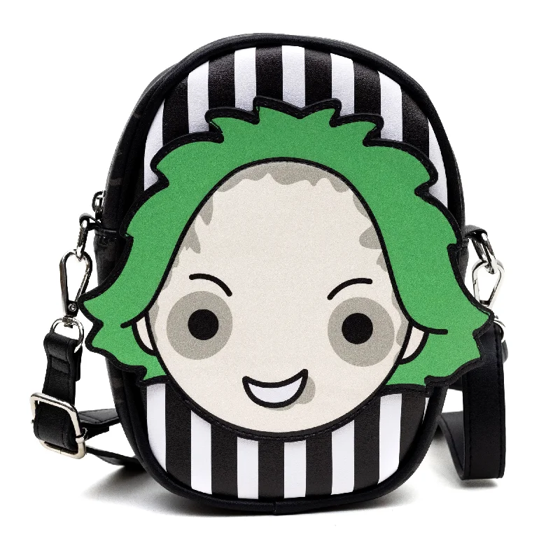 Season Offer Crossbody Bag with Pocket - Beetlejuice Smiling Chibi Face Applique Stripe Black/White