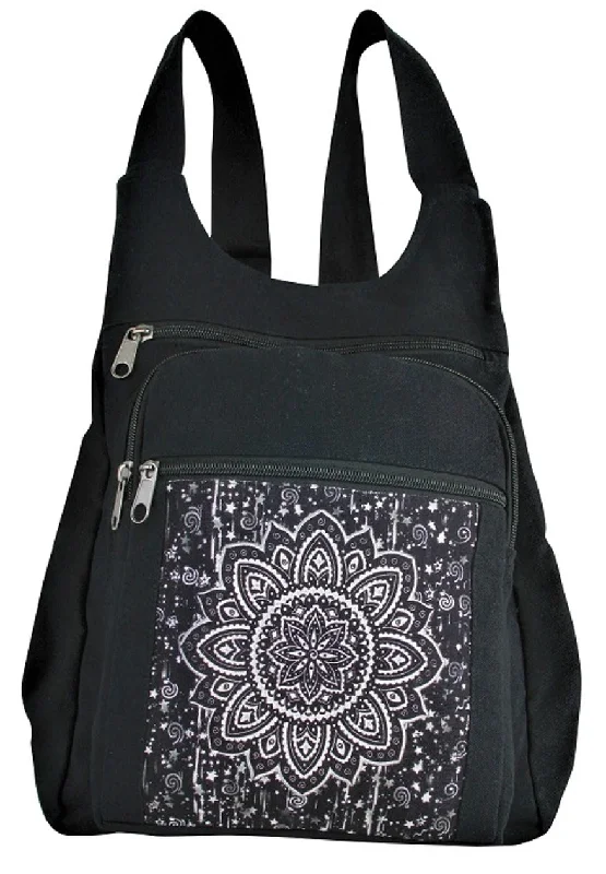 Versatile Bags That Suit Any Outfit Or Event Black Cotton Backpack with White Mandala Versatile Bags That Suit Any Outfit Or Event Black Cotton Backpack with White Mandala