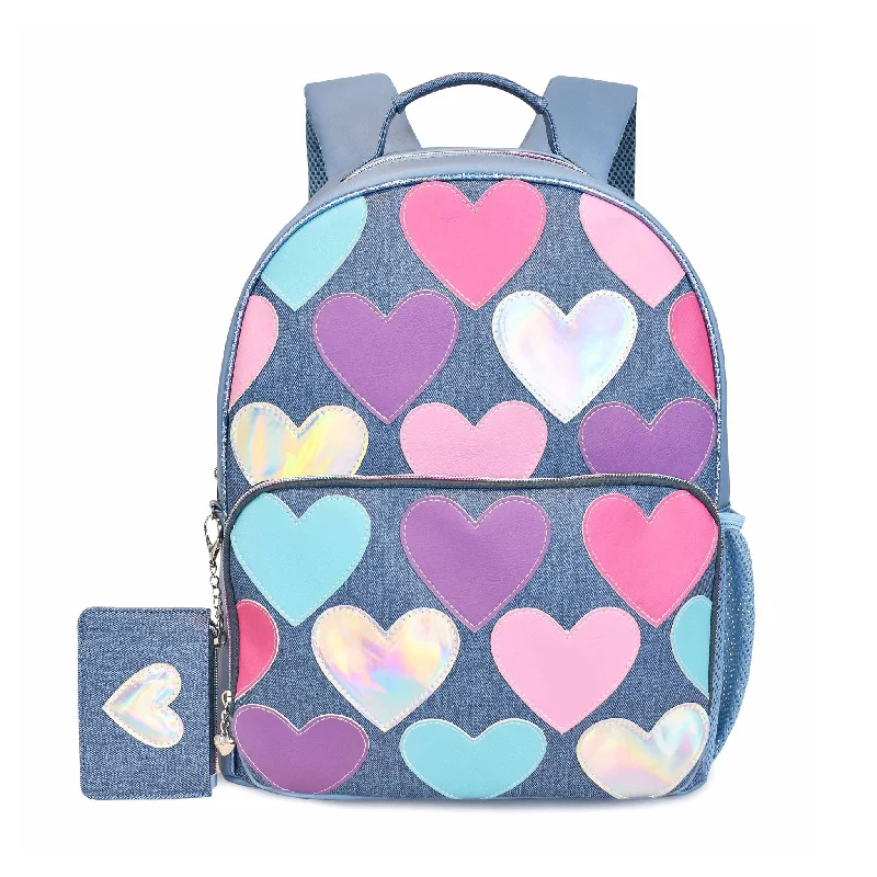 Stylish Bag For Women Heart-Patched Denim Large Backpack with Heart Coin Purse
