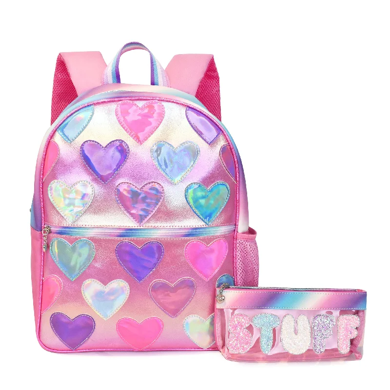 Compact Bags For Minimalist Travelers Metallic Heart-Patched Large Backpack with 'Stuff' Clear Pencil Pouch Compact Bags For Minimalist Travelers Metallic Heart-Patched Large Backpack with 'Stuff' Clear Pencil Pouch
