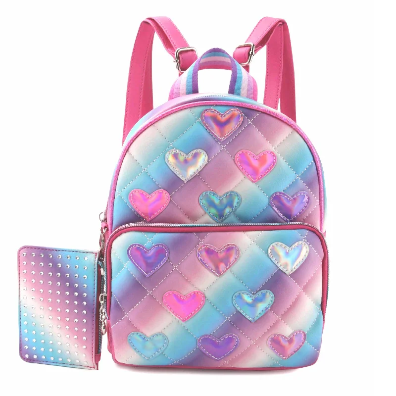 Vintage-Inspired Metallic Heart-Patched Quilted Mini Backpack with Coin Purse