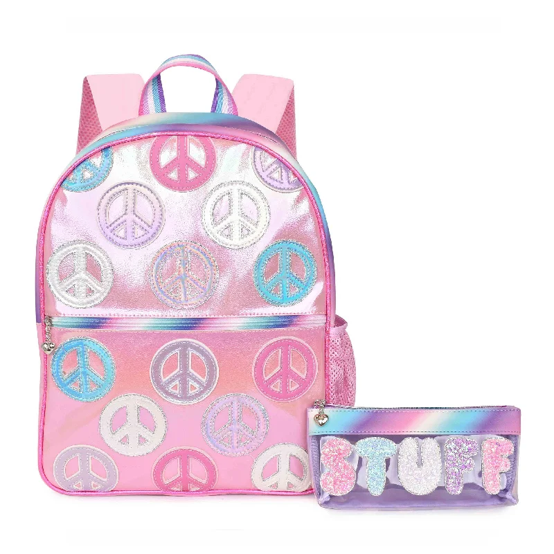 Bags For Urban And Trendy Looks Metallic Peace Sign-Patched Large Backpack with 'Stuff' Clear Pencil Pouch Bags For Urban And Trendy Looks Metallic Peace Sign-Patched Large Backpack with 'Stuff' Clear Pencil Pouch