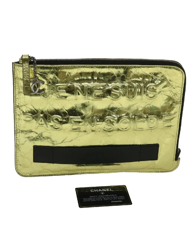 Lightweight Bags For Senior Travelers Gold Metallic Leather Clutch Bag by Chanel - Authentic CC A82164