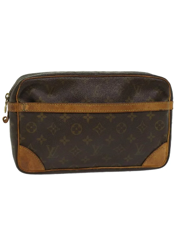 Vintage-Inspired Monogram Canvas Clutch Bag with Metal Fittings