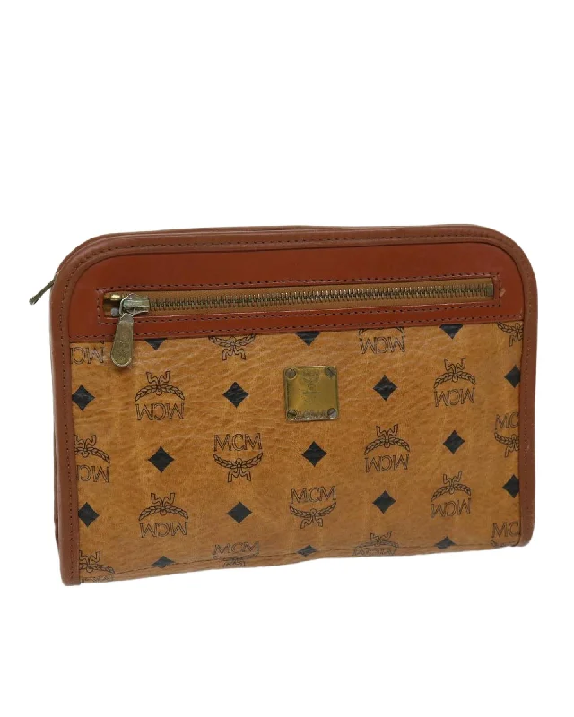 Vintage-Inspired Authentic MCM Vicetos Logogram Clutch Bag in Brown PVC