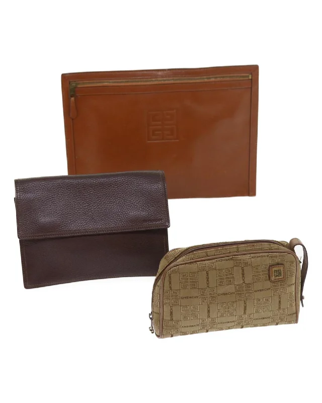 Evening Events Canvas Leather Clutch Bag 3Set - Brown