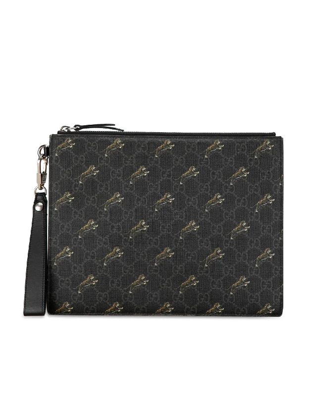 Clearance-Priced Bags Printed Canvas Zip Wristlet Pouch with Leather Strap