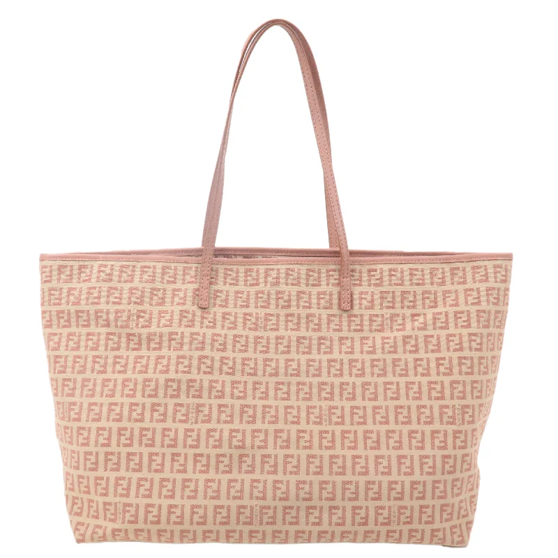 Black Friday Deals On Stylish Handbags FENDI Zucchino Canvas Leather Tote Bag Beige Pink 8BH104
