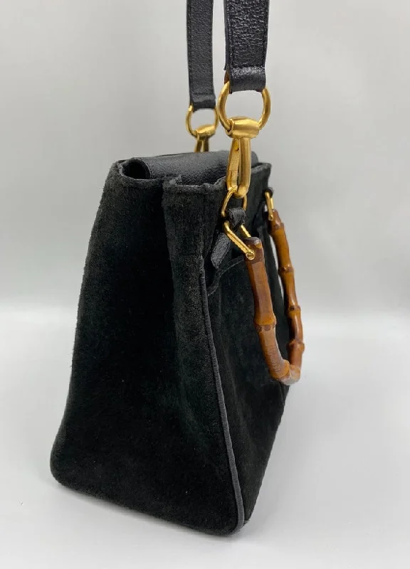 Uxury Designer Handbag Brands Gucci Black Suede Tote with Bamboo handle