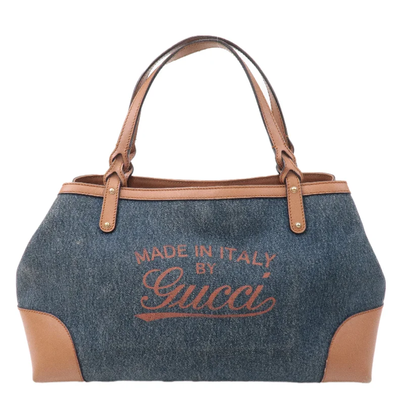 New Year Party Bag For Celebrations GUCCI Craft Denim Leather Tote Bag Hand Bag Navy Brown 348715 New Year Party Bag For Celebrations GUCCI Craft Denim Leather Tote Bag Hand Bag Navy Brown 348715