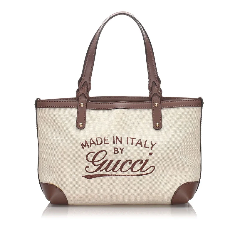 Trendy And Discounted Designer Handbags Gucci Brown Beige Canvas Fabric Craft Tote Bag Italy