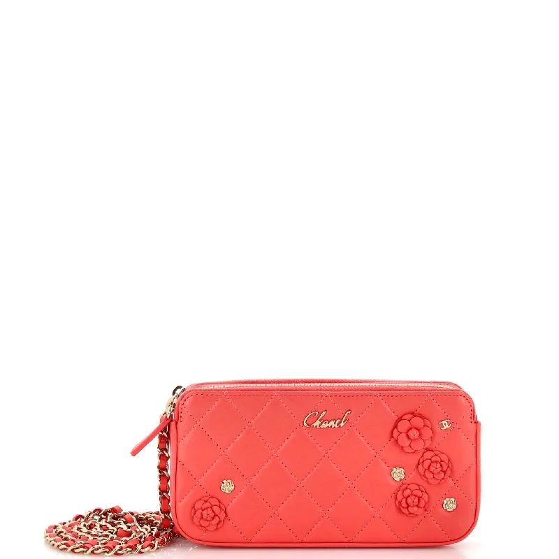 Bags With Seasonal Sales Camellia Charms Double Zip Clutch with Chain Quilted Lambskin Bags With Seasonal Sales Camellia Charms Double Zip Clutch with Chain Quilted Lambskin