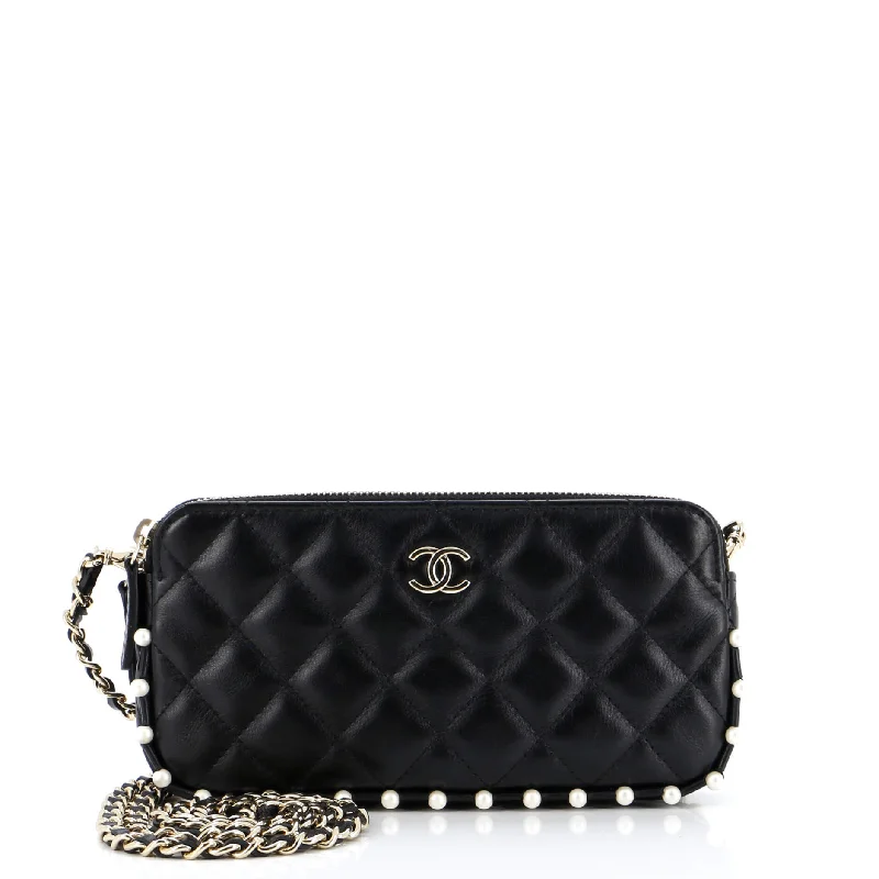 Designer Bags For Luxury Collectors Double Zip Clutch with Chain Quilted Calfskin with Pearl Detail Designer Bags For Luxury Collectors Double Zip Clutch with Chain Quilted Calfskin with Pearl Detail