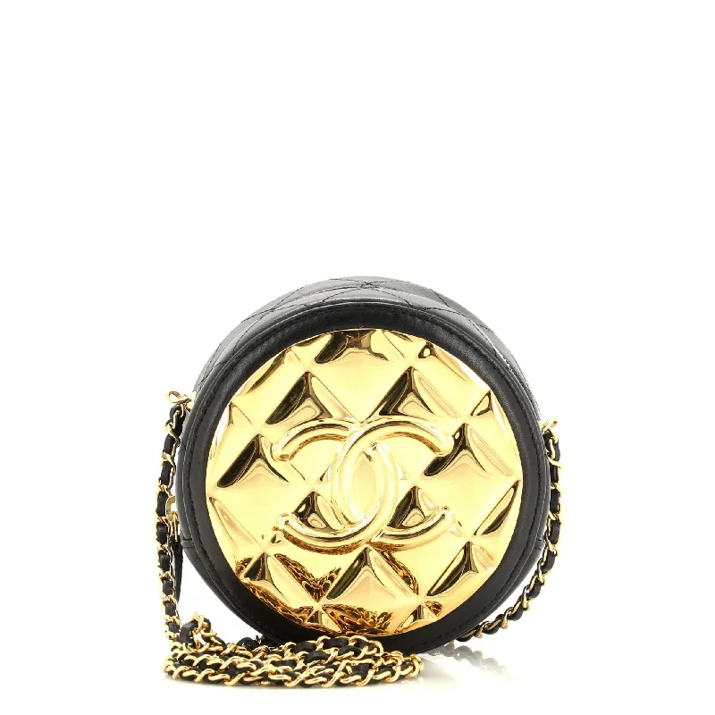 Clearance Bags For Budget Shoppers Golden Plate Round Clutch with Chain Quilted Metal and Lambskin Mini Clearance Bags For Budget Shoppers Golden Plate Round Clutch with Chain Quilted Metal and Lambskin Mini
