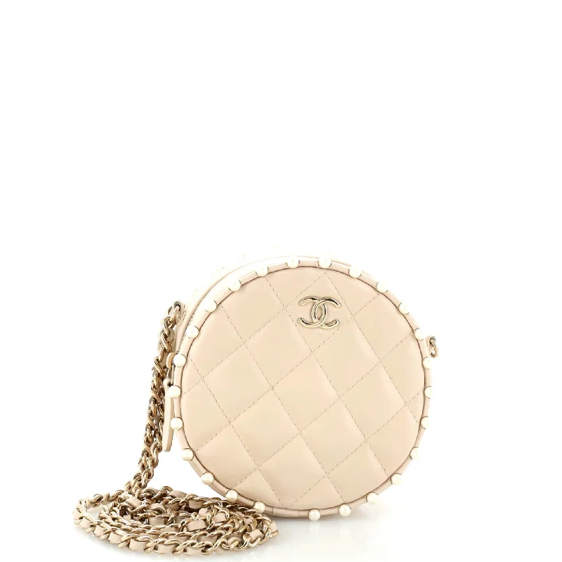Bags With Discounts Round Clutch with Chain Quilted Calfskin with Pearl Detail