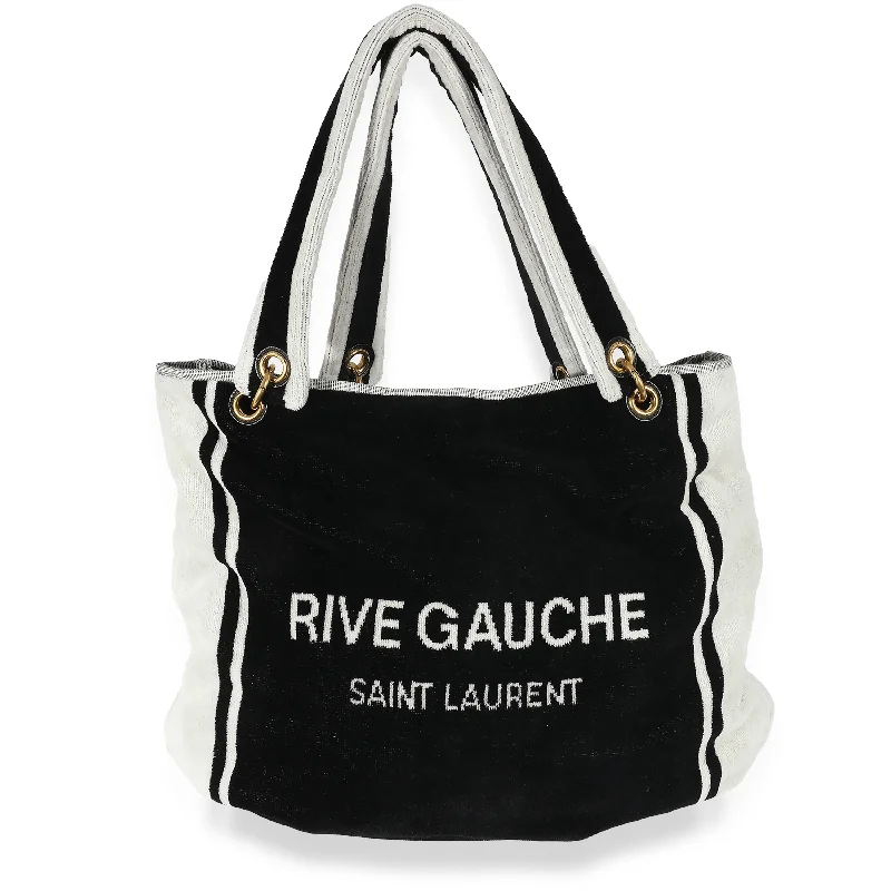 Luxury Bags On Sale Saint Laurent Rive Gauche Black White Terry Cloth Beach Towel Tote Luxury Bags On Sale Saint Laurent Rive Gauche Black White Terry Cloth Beach Towel Tote