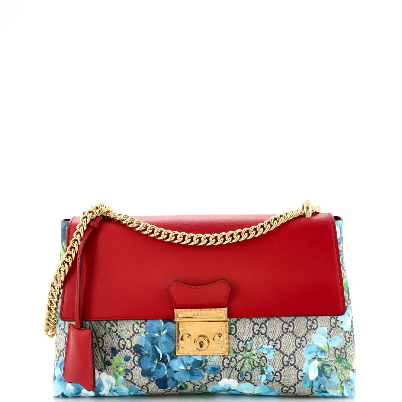Holiday Gift Bags For Christmas Padlock Chain Flap Bag Blooms Print GG Coated Canvas and Leather Medium Holiday Gift Bags For Christmas Padlock Chain Flap Bag Blooms Print GG Coated Canvas and Leather Medium