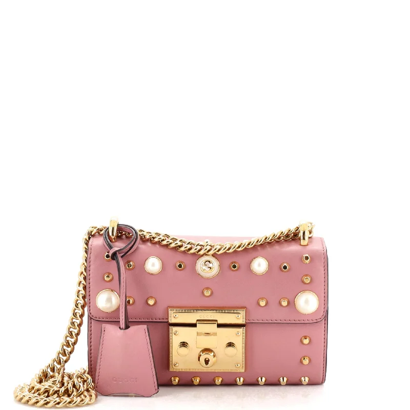 Vintage-Inspired Pearly Padlock Shoulder Bag Studded Leather Small