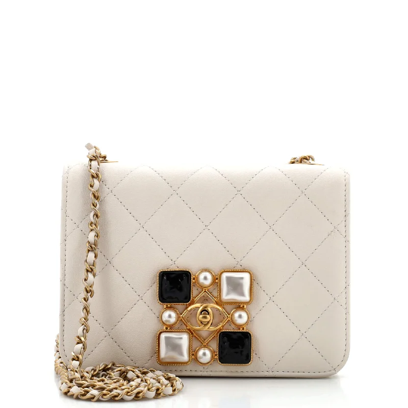 Clearance Bags For Budget Shoppers Resin and Pearl CC Full Flap Bag Quilted Calfskin Mini Clearance Bags For Budget Shoppers Resin and Pearl CC Full Flap Bag Quilted Calfskin Mini
